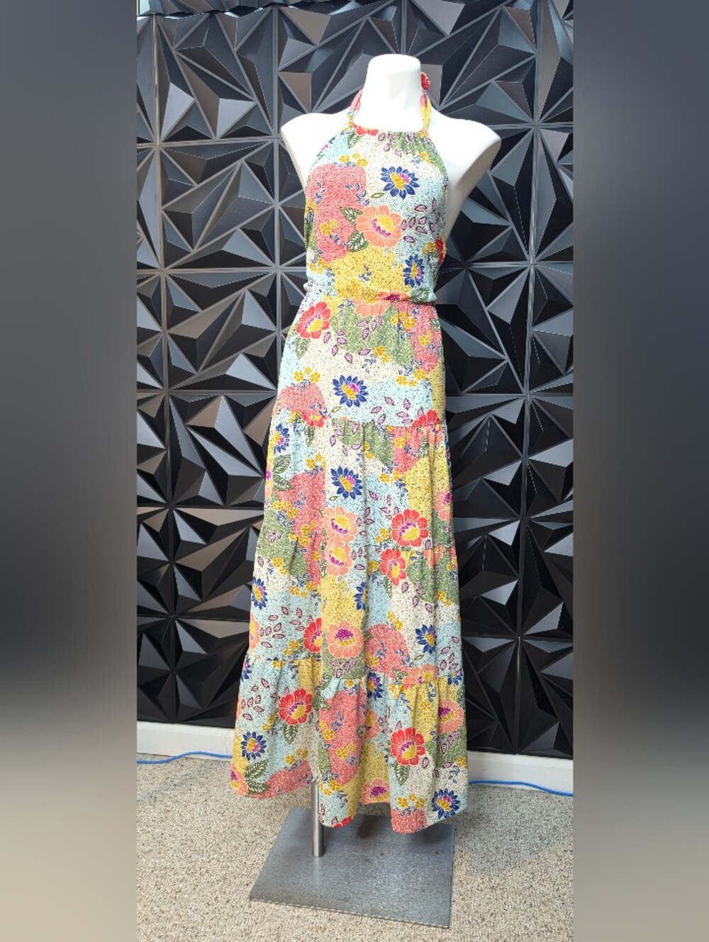 Monteau Floral Halter Maxi Dress in Yellow, Pink and Blue